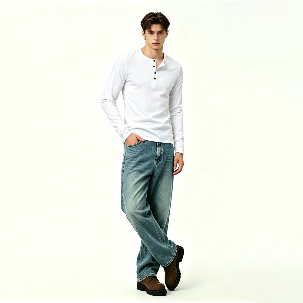 Mens Slub Cotton 4-Button Henley Long Sleeve Tee
