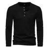 Mens Slub Cotton 4-Button Henley Long Sleeve Tee
